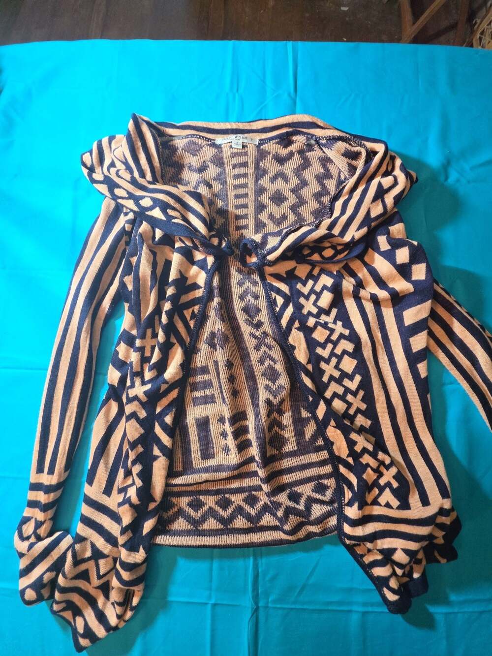 Say What? Open Front Cardigan Sweater Black Tan Aztec Geometric Print